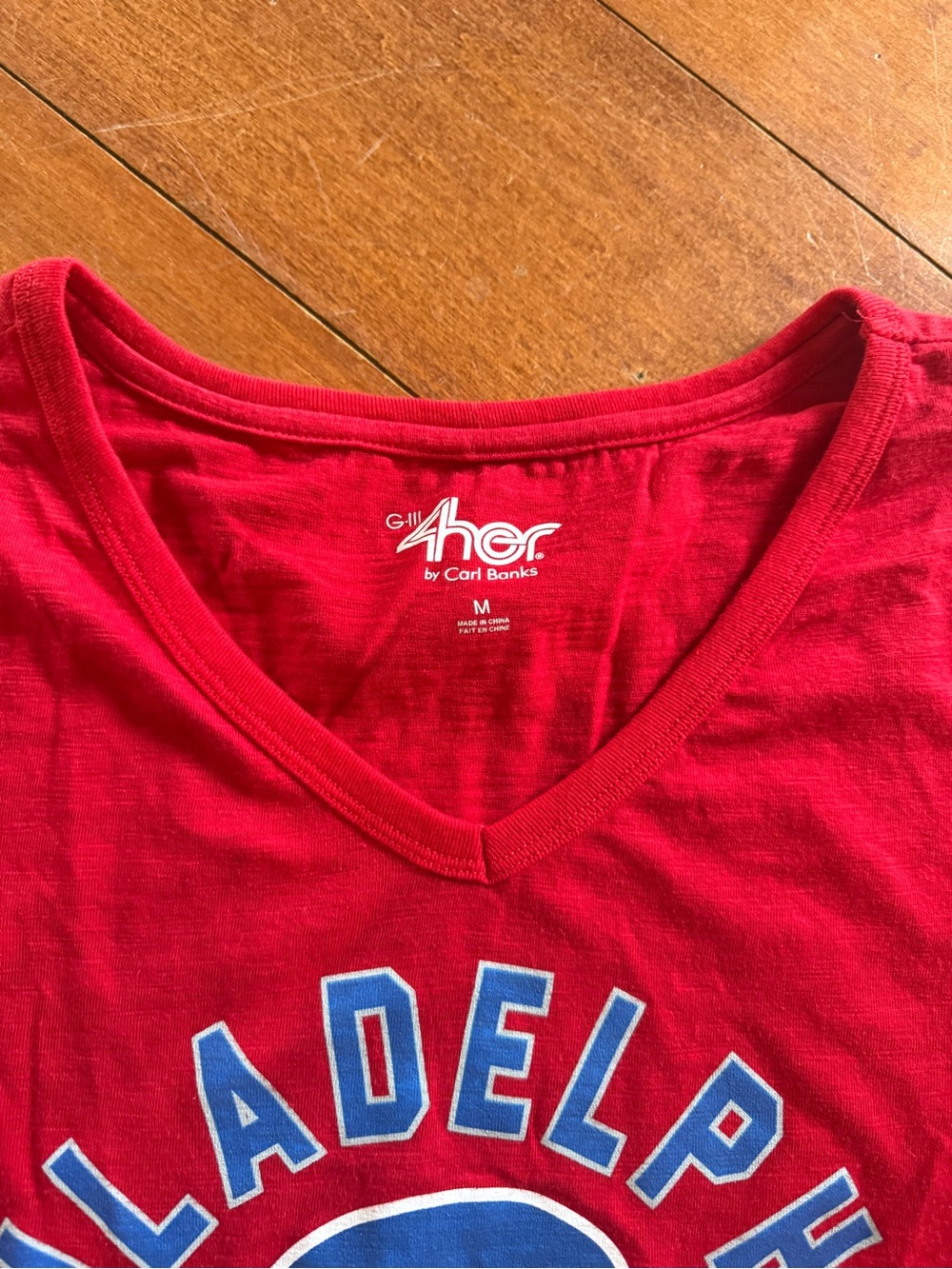 MLB Philadelphia Phillies Red Tee with Blue Logo and White Sleeve Stripes - Picture 2 of 3